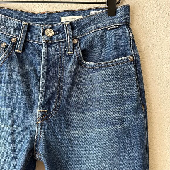 NOEND High Rise Straight Cropped Jeans Blue Denim Frayed Cotton - Picture 4 of 14